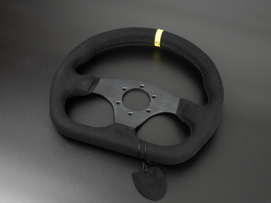 D-shape GT-stlye sim racing wheel with black stitching and yellow center